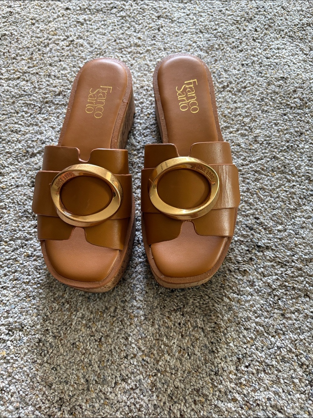 Franco Sarto Cognac Leather Slide Mules with Gold Ring